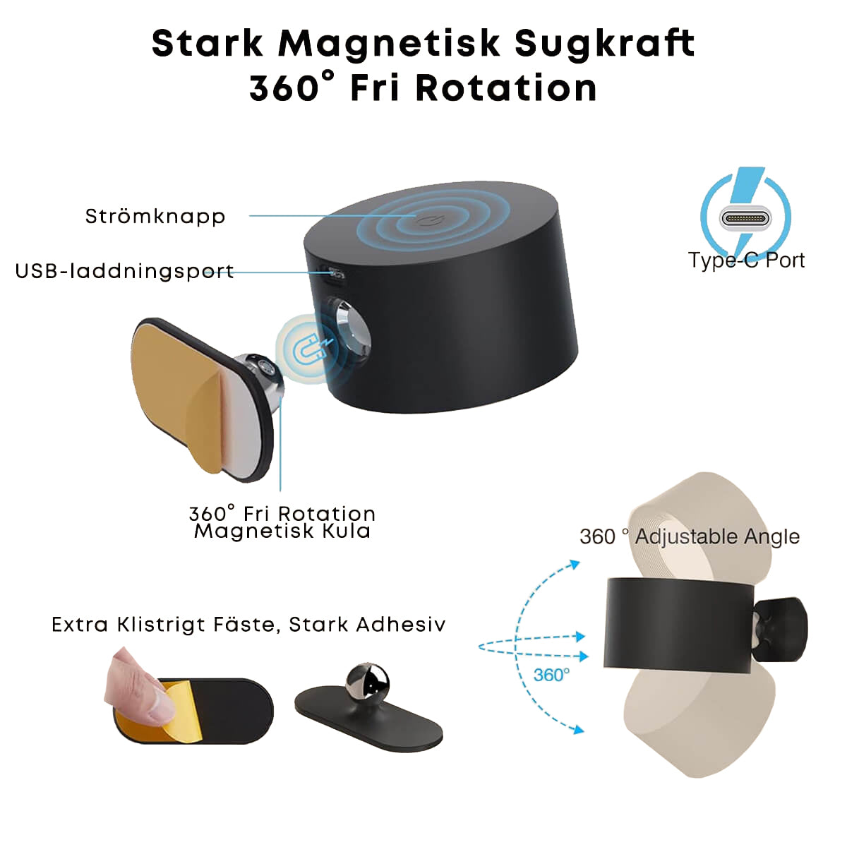 360° magnetisk LED-veggspot, oppladbar